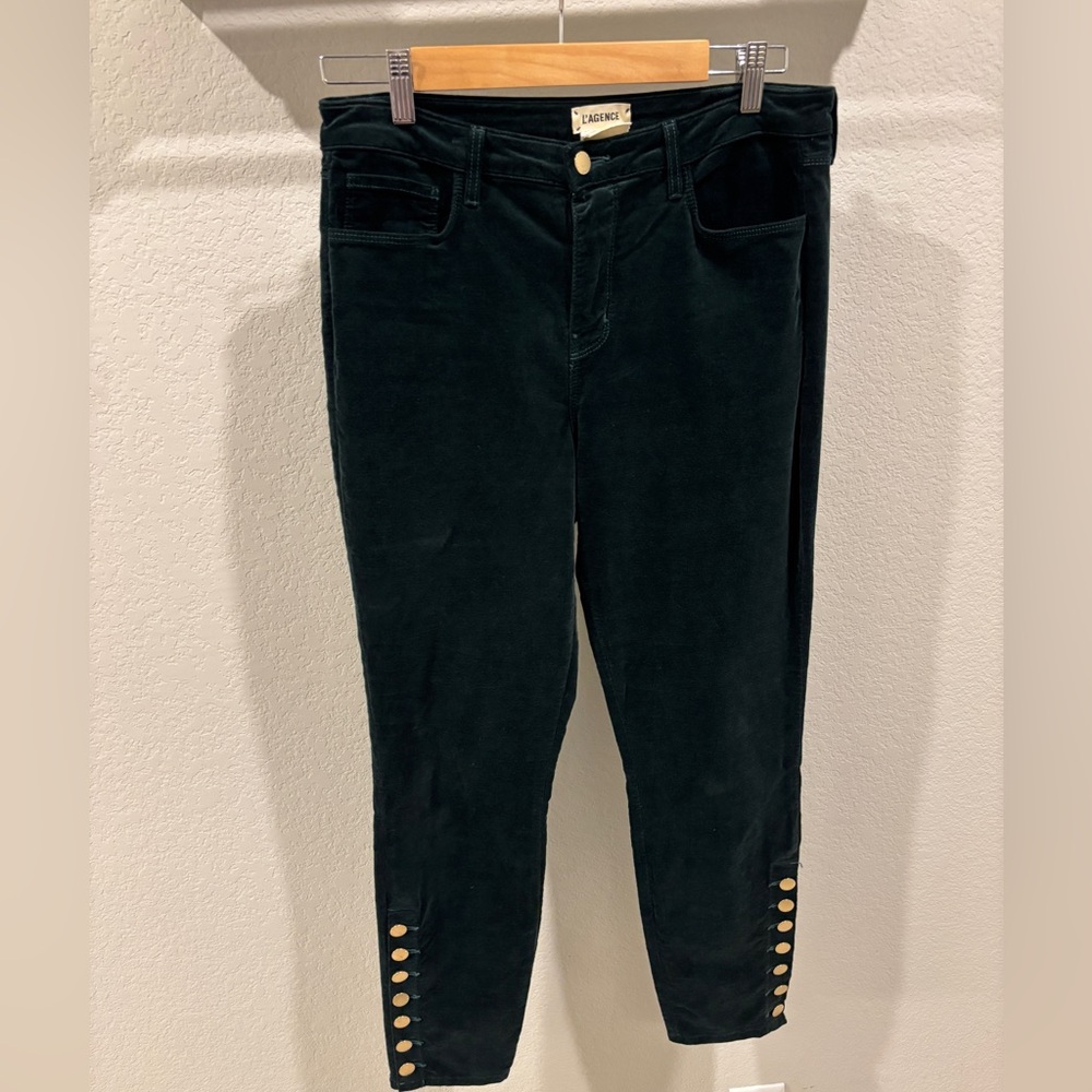 L’agence Piper Evergreen High Rise Skinny Velvet Pants- Gold Button Hem- Size 30